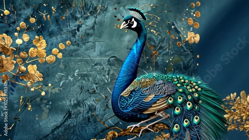 A peacock perched on a branch with golden leaves against a teal and blue background