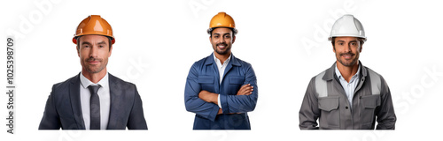 Three men in different work uniforms wear hard hats and look directly at the camera.