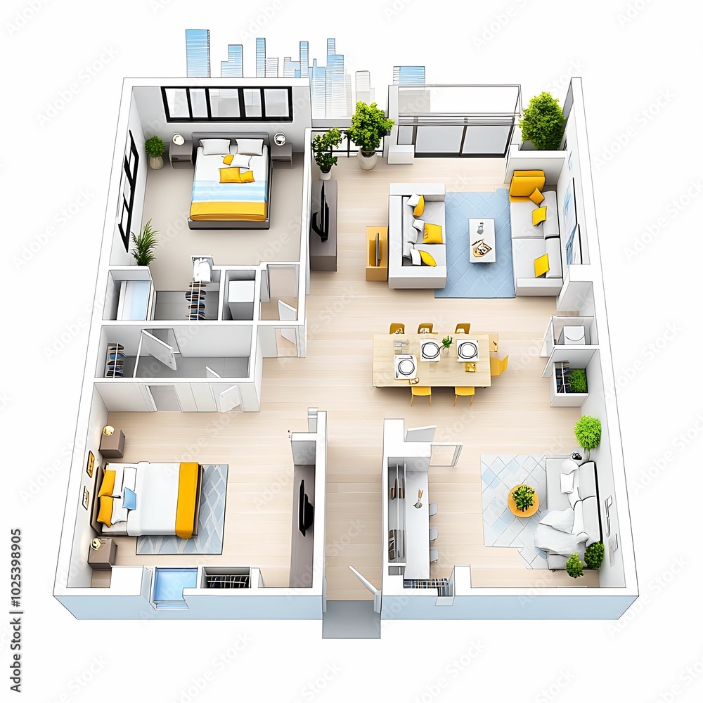 This modern apartment floor plan showcases a spacious layout with ...
