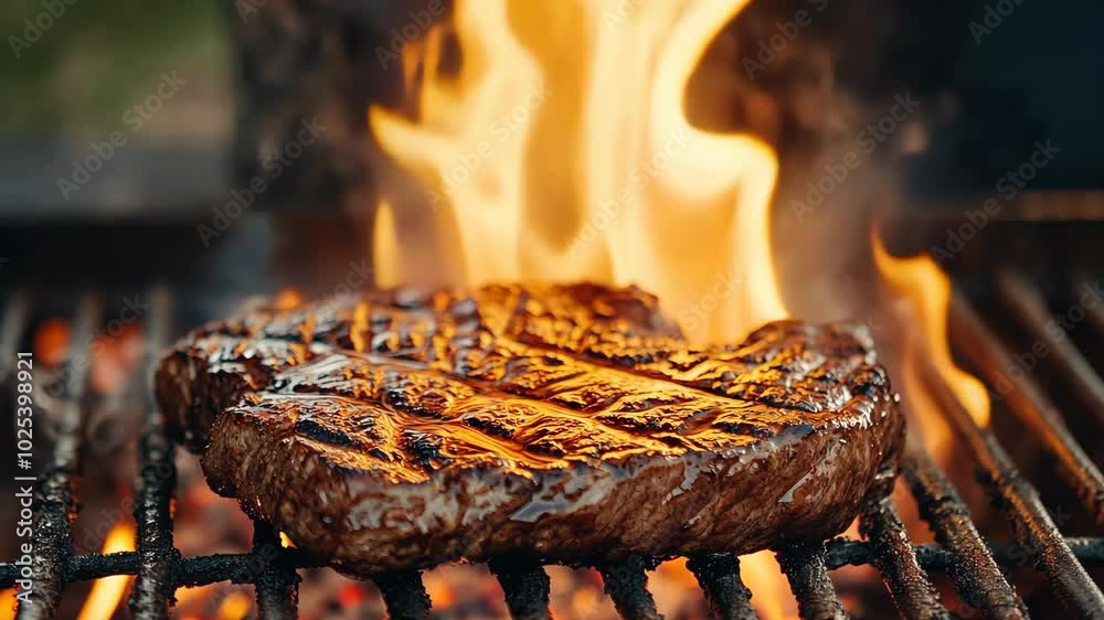 A juicy steak is grilling over an open fire, creating delicious grill marks and a smoky aroma