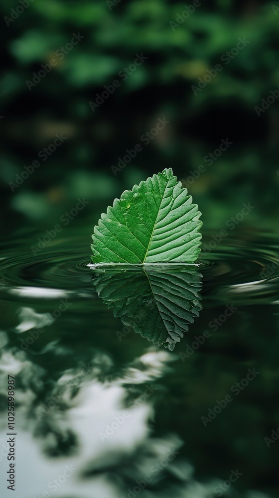 Green leaf over water reflection. fresh green leaf with water drop, relaxation nature concept. green leaves reflecting in the water Green leaf over water reflection. fresh green leaf with water drop, relaxation nature concept. green leaves reflecting in the water