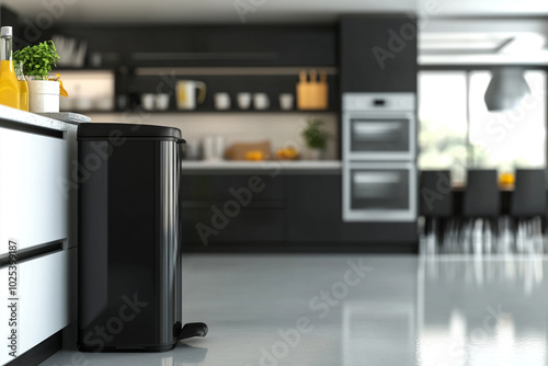 Full Trash Bin in a Sleek Modern Kitchen Interior, A Realistic Depiction of Everyday Household Waste Management