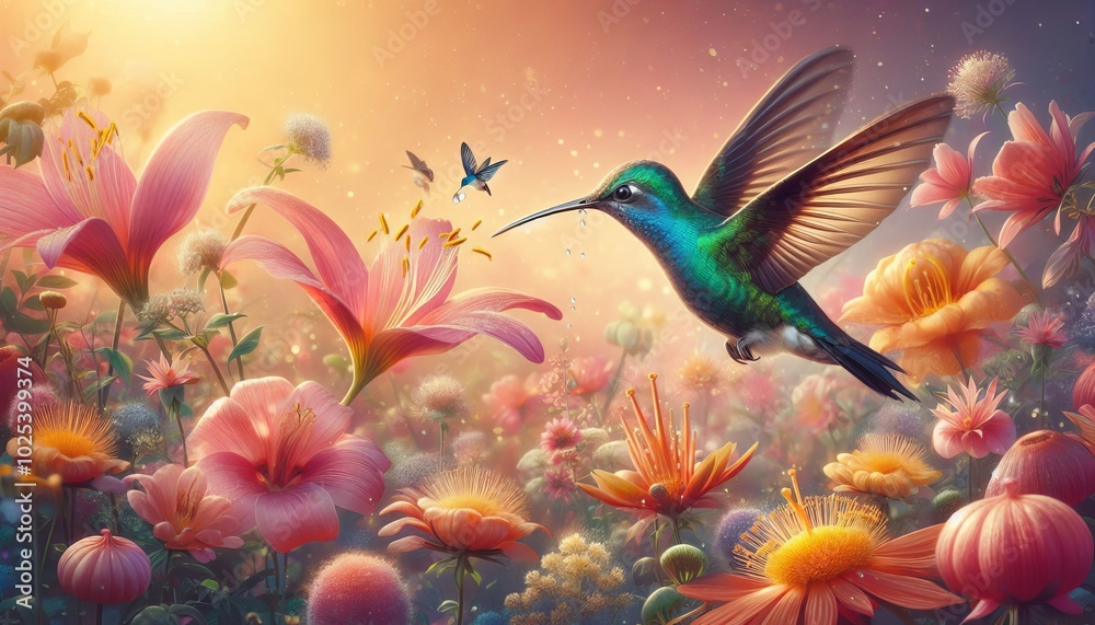 humming bird are flying near flowers and pecking at water droplets falling humming bird are flying near flowers and pecking at water droplets falling