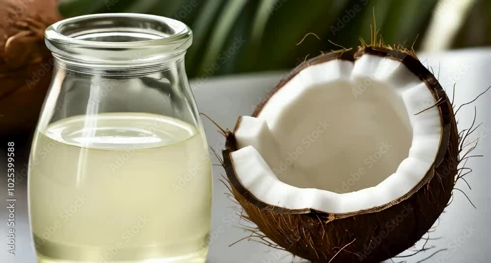 A glass jar of coconut oil sits on the table, its contents shimmering with a pearly sheen under the soft natural light