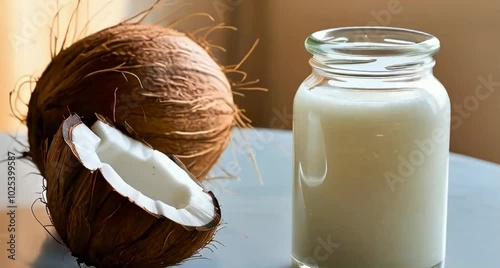 A glass jar of coconut oil sits on the table, its contents shimmering with a pearly sheen under the soft natural light