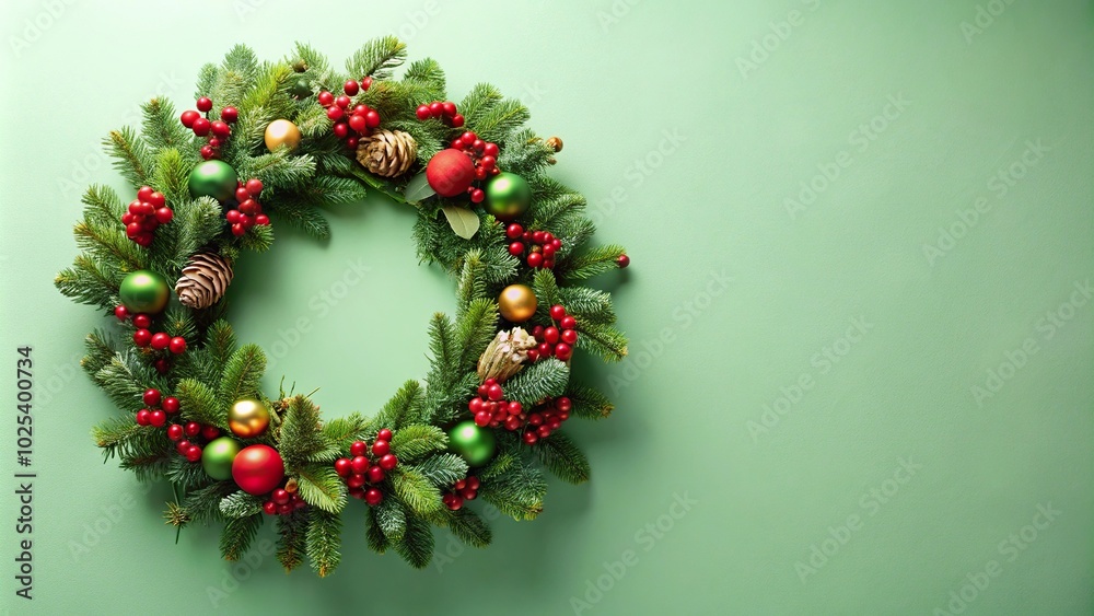 Close-up Christmas wreath on a light green background Close-up Christmas wreath on a light green background