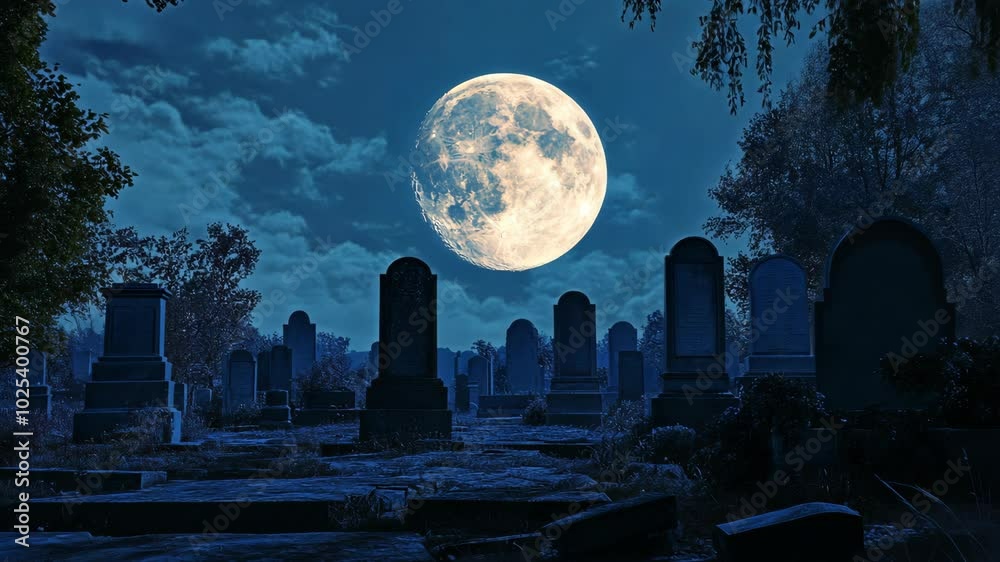 A full moon shines brightly over a graveyard, casting long shadows on the tombstones A full moon shines brightly over a graveyard, casting long shadows on the tombstones