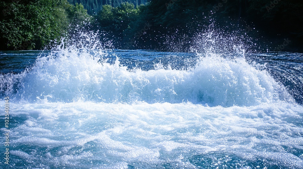 white water spraying up into the air with dark blue water in the background