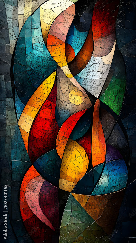 Fototapeta premium Abstract Painting With Colorful Geometric Shapes and Crackle Texture Effect