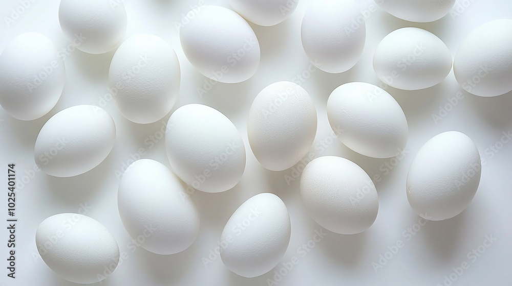 Multiple raw eggs with smooth shells on white surface Multiple raw eggs with smooth shells on white surface