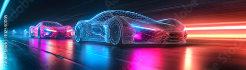 Futuristic Cars Race on Neon Lit Track