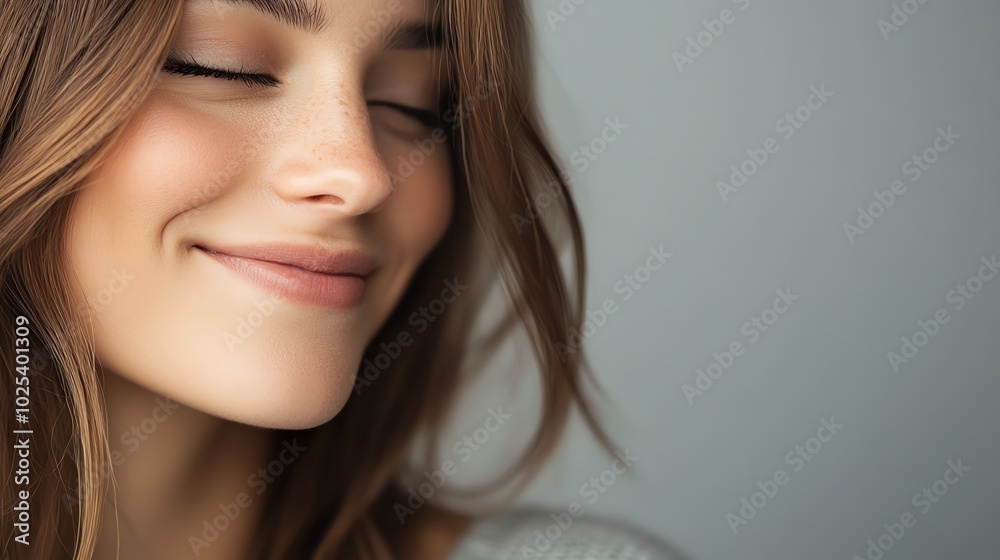 A serene portrait capturing a woman with a gentle smile and closed eyes, exuding calmness and joy against a soft background. A serene portrait capturing a woman with a gentle smile and closed eyes, exuding calmness and joy against a soft background.