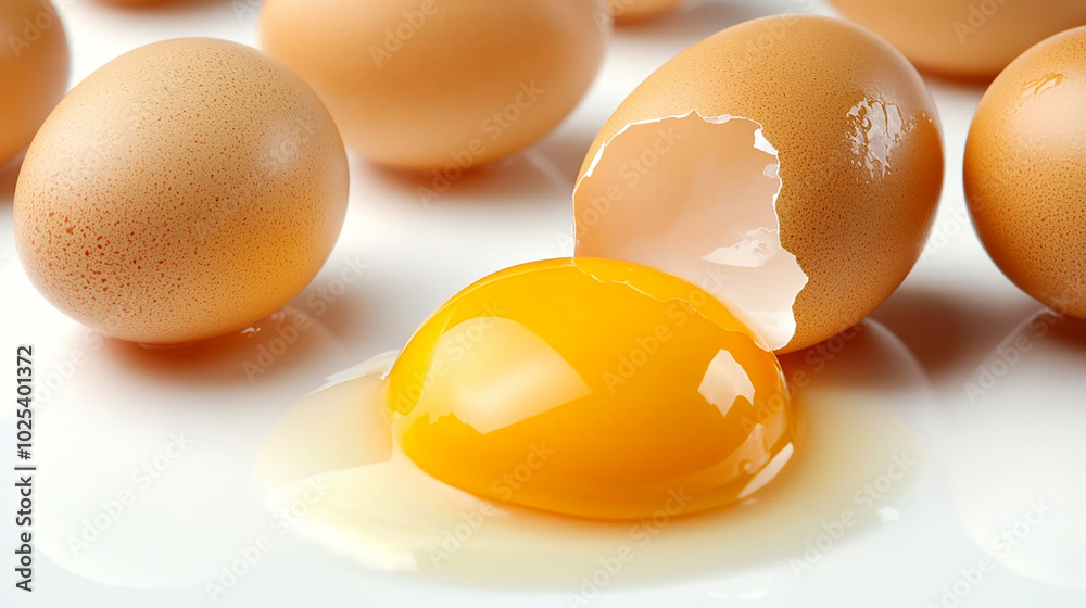 Multiple raw eggs with smooth shells on white surface Multiple raw eggs with smooth shells on white surface