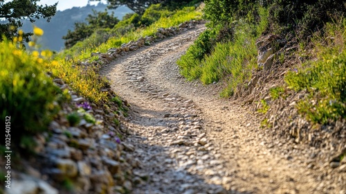 Winding dirt path through a green hillside.