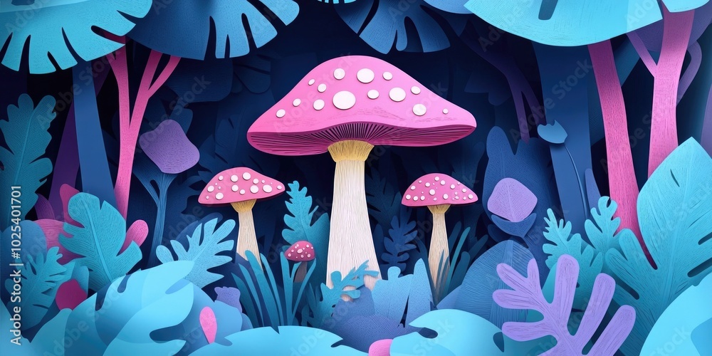 Mushrooms in a dense forest setting, Mushrooms in a lush woodland environment Mushrooms in a dense forest setting, Mushrooms in a lush woodland environment