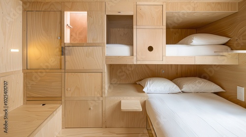 Minimalist Wooden Bedroom with Bunk Bed and Storage