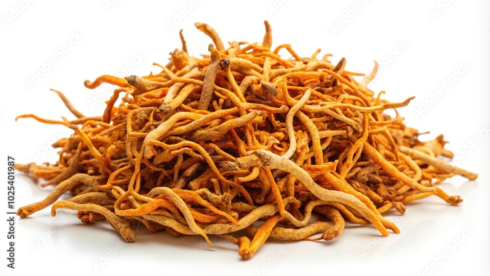 Close-Up Dried cordyceps militaris isolated on white background Close-Up Dried cordyceps militaris isolated on white background