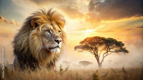 Close-Up Double exposure photography majestic lion African savannah