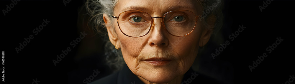 Close-Up Portrait of a Woman with Glasses and a Serious Expression Close-Up Portrait of a Woman with Glasses and a Serious Expression