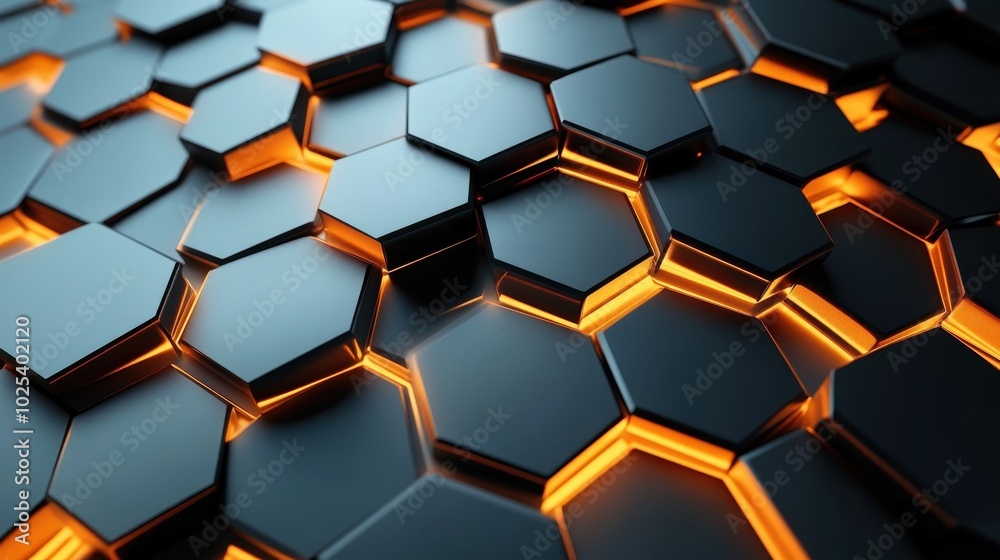 Abstract Pattern of Interlocking Hexagons with Orange Glowing Edges