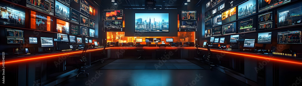 High-Tech Control Room Displays Live Data and Information on Multiple Screens High-Tech Control Room Displays Live Data and Information on Multiple Screens