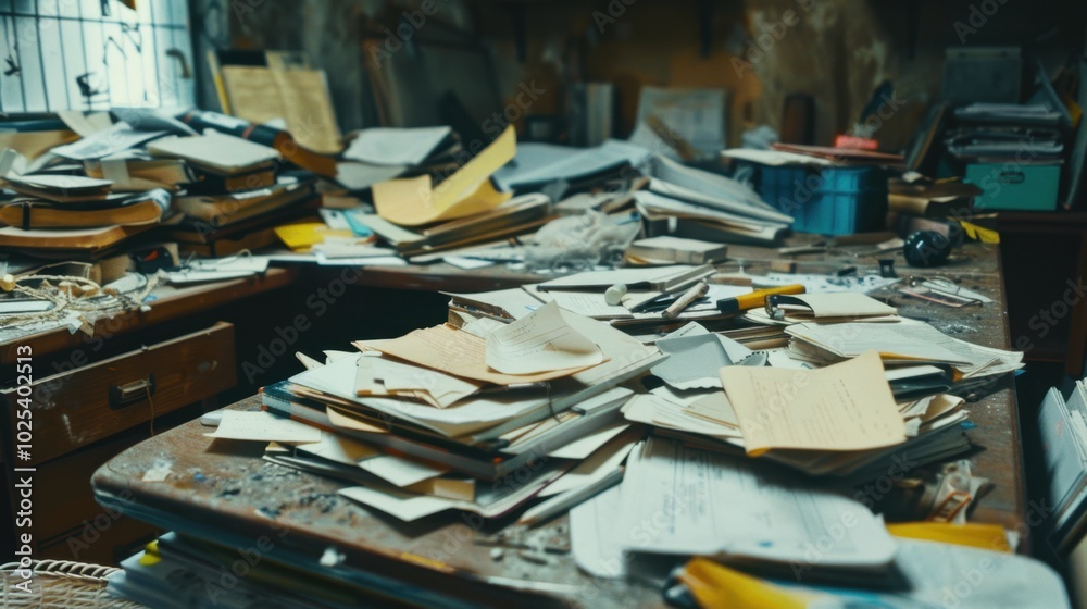 Chaotic Workspace with Piles of Papers and Books Chaotic Workspace with Piles of Papers and Books