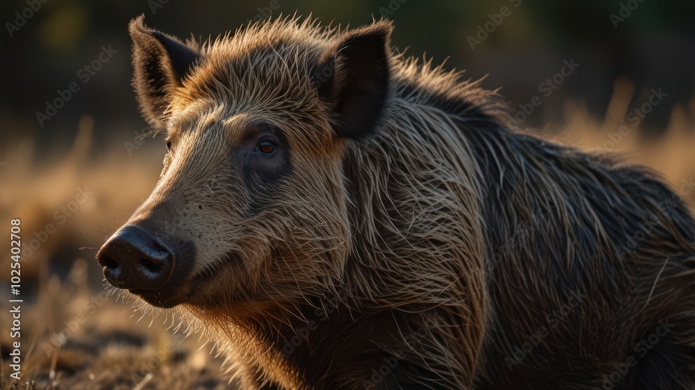 A solitary wild boar, its fur matted with dew, stands alert in a sun-dappled clearing