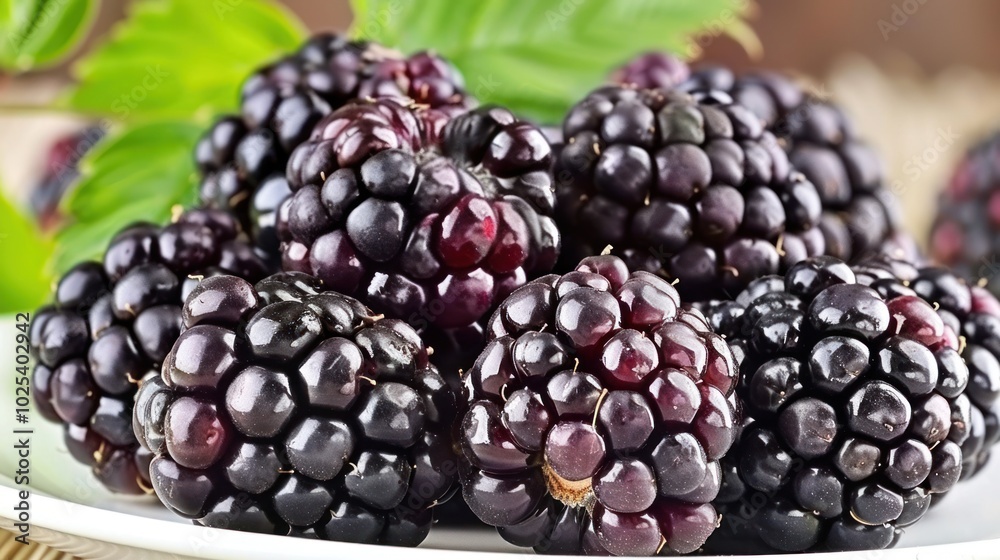 Close-up of Ripe Blackberries on a White Plate Close-up of Ripe Blackberries on a White Plate