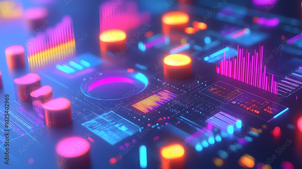 Fototapeta premium 3D Render Of Futuristic Interface With Neon Charts For Technology Concept
