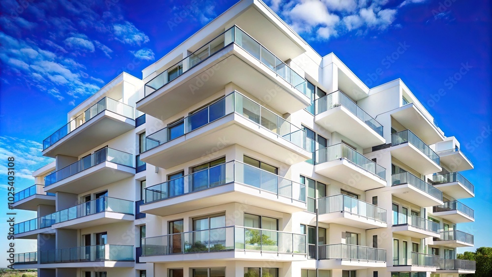 Obraz premium Close-up fragment of white modern residential apartment hotel building with balconies on blue sky background with copy space