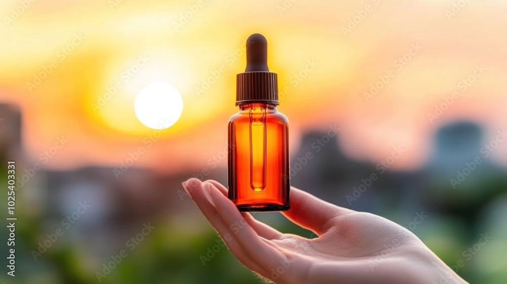 Hand Holding Amber Glass Dropper Bottle Against Sunset Background Hand Holding Amber Glass Dropper Bottle Against Sunset Background