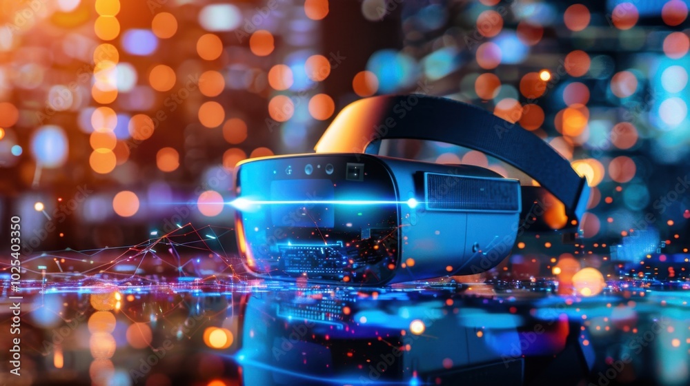 Futuristic Virtual Reality Headset with Colorful Bokeh Lights Futuristic Virtual Reality Headset with Colorful Bokeh Lights
