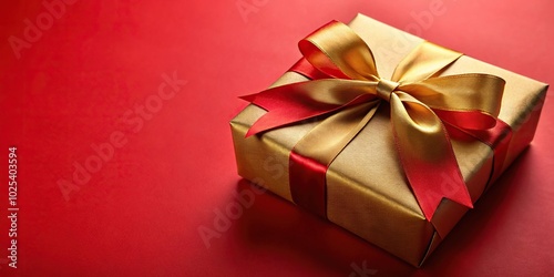 Close-Up Gift box with golden satin ribbon and bow on red background