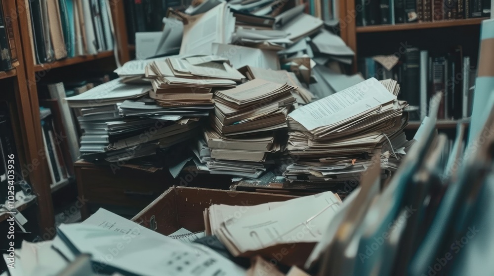 Disorganized Paper Piles in a Library or Office Space Disorganized Paper Piles in a Library or Office Space