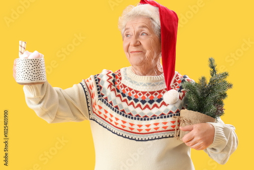Senior woman in Santa hat w...