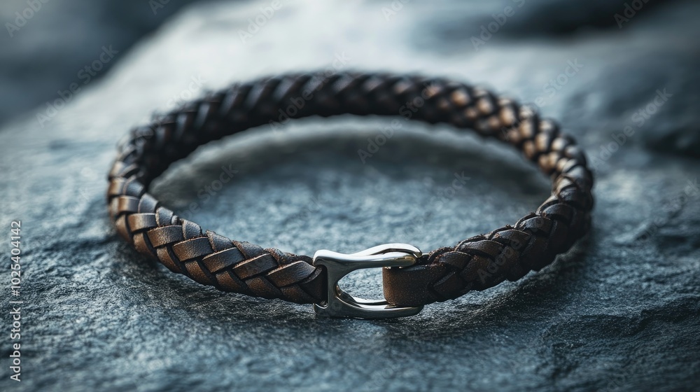 Braided Leather Bracelet on Stone Surface Braided Leather Bracelet on Stone Surface