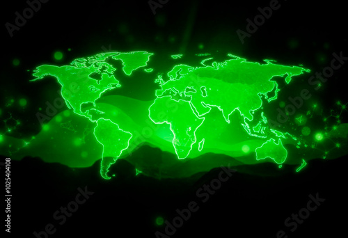 A bright green glowing globe with a black background, with countries highlighted by a bright green glow.