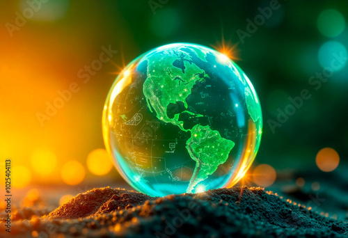 A green globe with countries highlighted in a vibrant shade of green, set against a sunset backdrop.