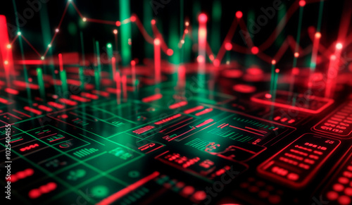 Futuristic background with green and red lights, digital tech ambiance.
