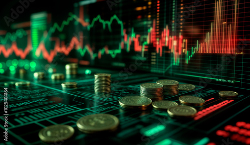  Close-up of gold coins on a green surface with a digital backdrop of stock market graphs and numbers, symbolizing financial prosperity and investment.