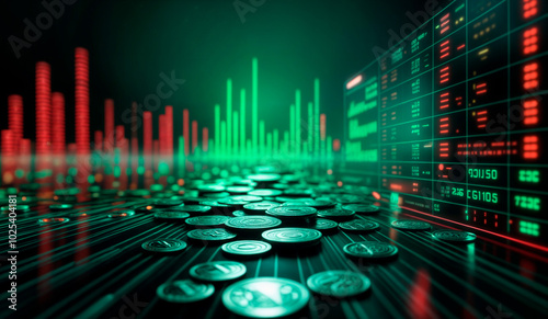 Scattered coins on a digital grid with green and red bars and a computer screen displaying numerical data, illustrating a high-tech financial environment.