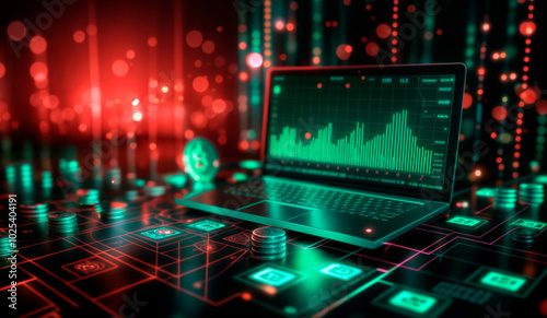 Laptop displaying a graph in a high-tech environment with red and green lights, suggesting futuristic data analysis.