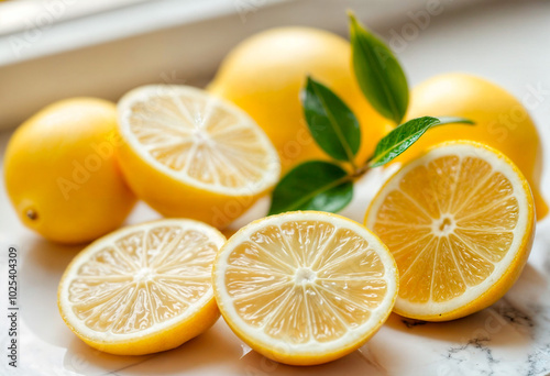 Close-up of fresh oranges with stems and leaves 