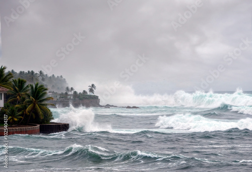 Ocean with big waves under a grey sky, stormy and dramatic.