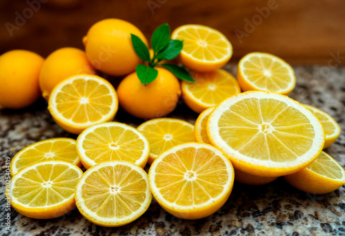 Close-up of fresh oranges with stems and leaves arranged on a surface, vibrant and natural.