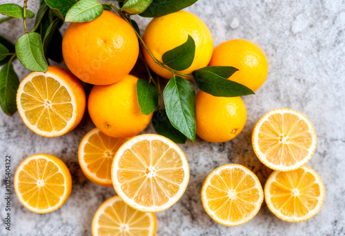 Close-up of fresh oranges with stems and leaves arranged on a surface, vibrant and natural.