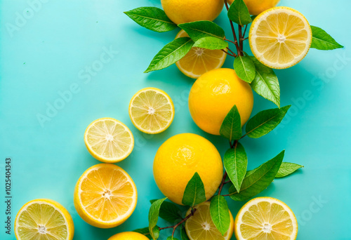 Close-up of fresh oranges against a blue background, bright and refreshing.