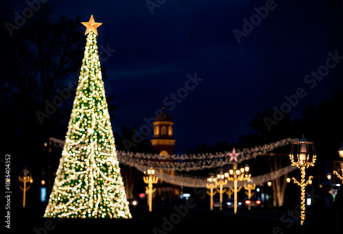 Large illuminated Christmas tree with twinkling lights and glowing star against a dark sky, festive and magical.