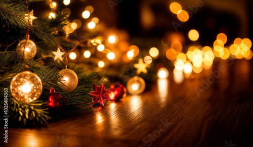 A beautifully decorated Christmas tree with gold and red ornaments, set against a warmly lit background.