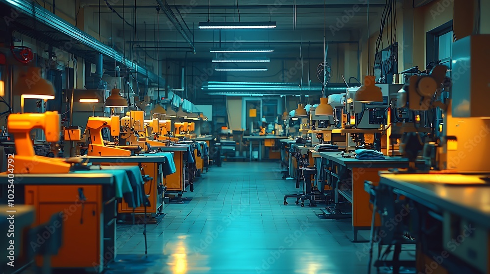 Naklejka premium Industrial Sewing Machines in a Factory Workshop
